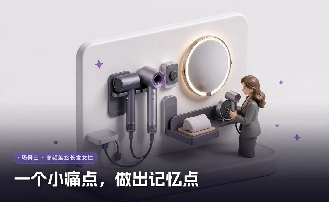 场景三:高频差旅长发女性,一个小痛点做出记忆点